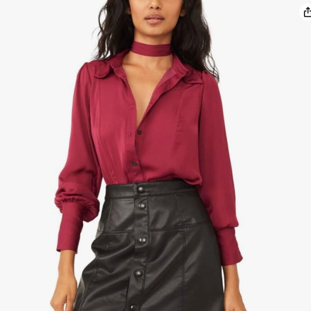Free People Women's Lala Tie-Detail Blouse Long Sleeves with Bishop Cuffs Size L